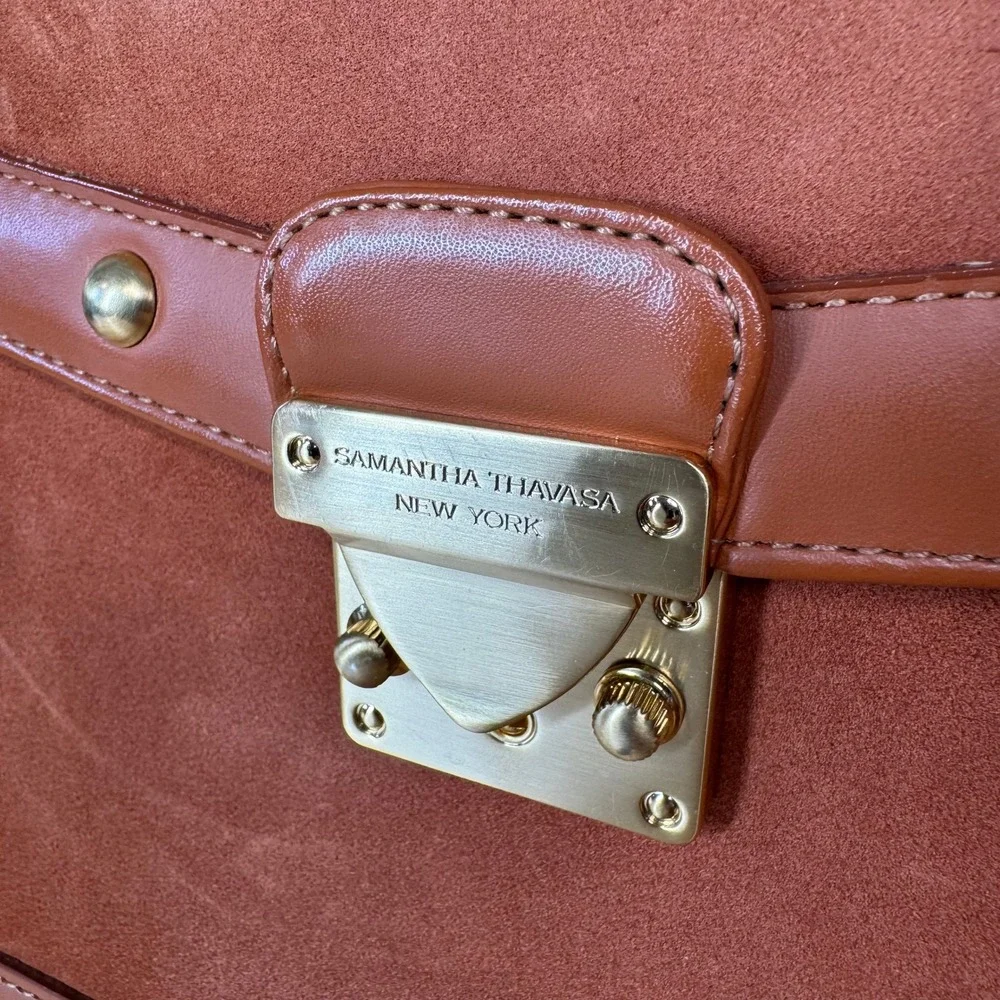 Samantha Thavasa New York Cognac Leather Suede Studded Satchel Handbag *FLAW